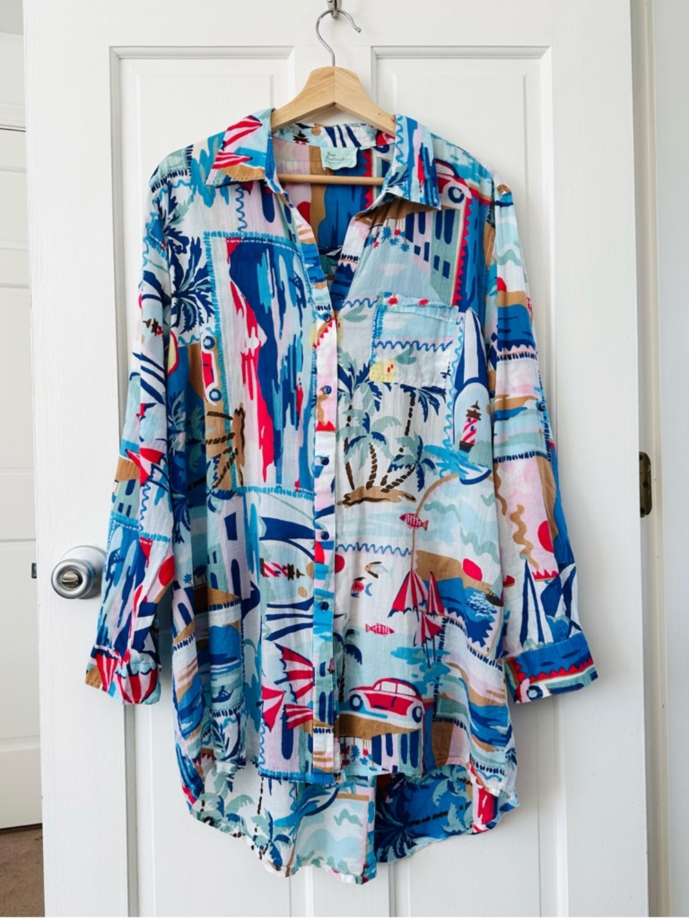 True Destinations Cotton Swim Cover Up Button Up Tunic Dress Vacation Size XL